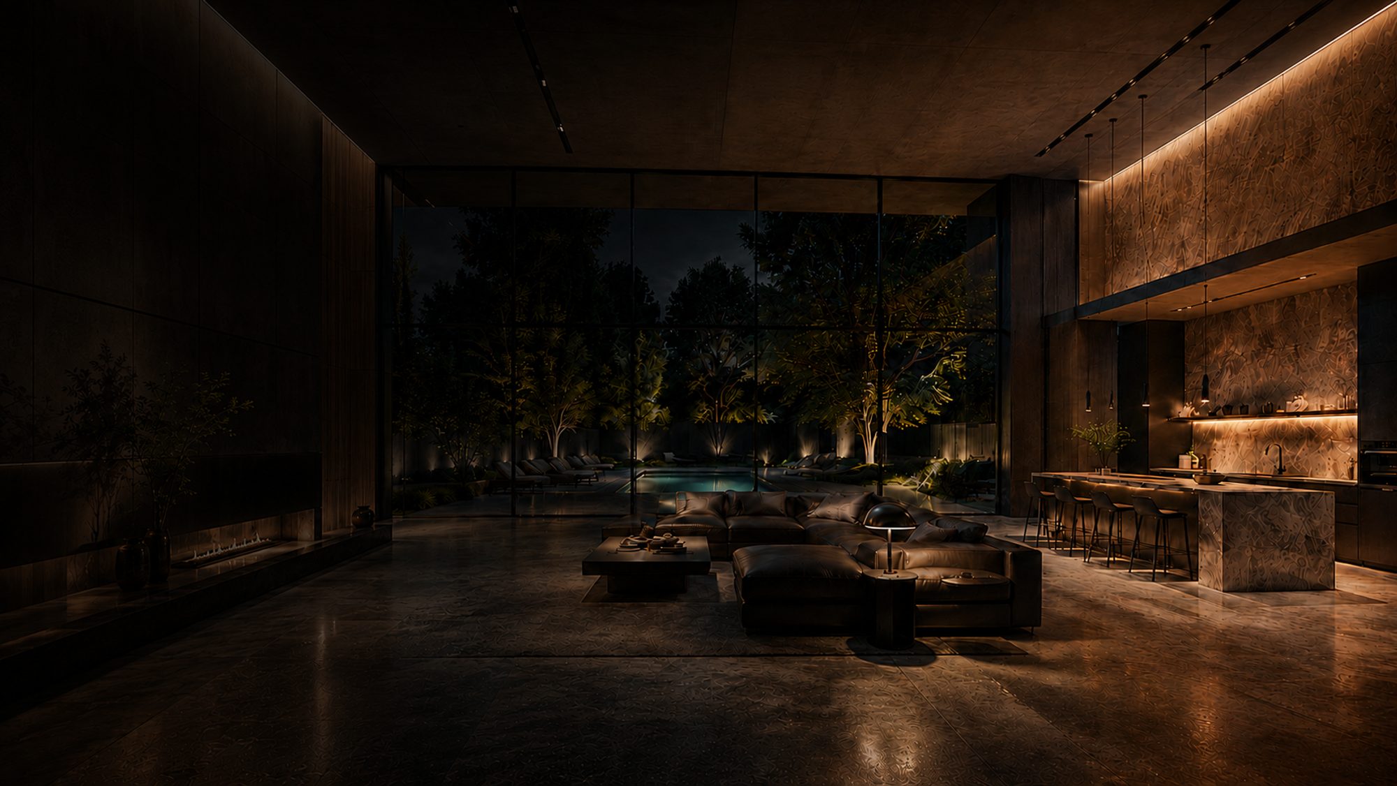 A softly-lit modern living space at dusk